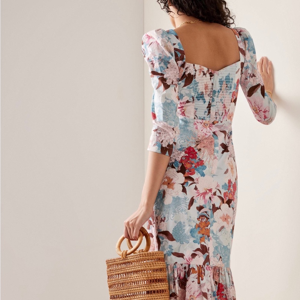 NWT Cara Cara Busy Puff-Sleeve Midi-Dress Japanese Floral blue - Picture 10 of 11